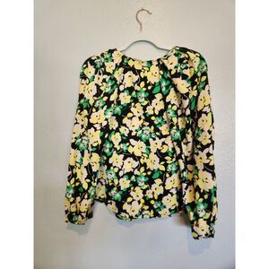 NWT Who What Wear Yellow Green Black Floral Blouse Size Small C0081